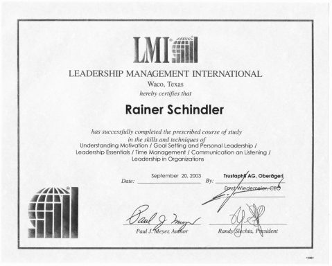 Zertifikat LMI-Swiss Zertifikat von LMI für Rainer Schindler, abgeschlossen am 13. September 2021.